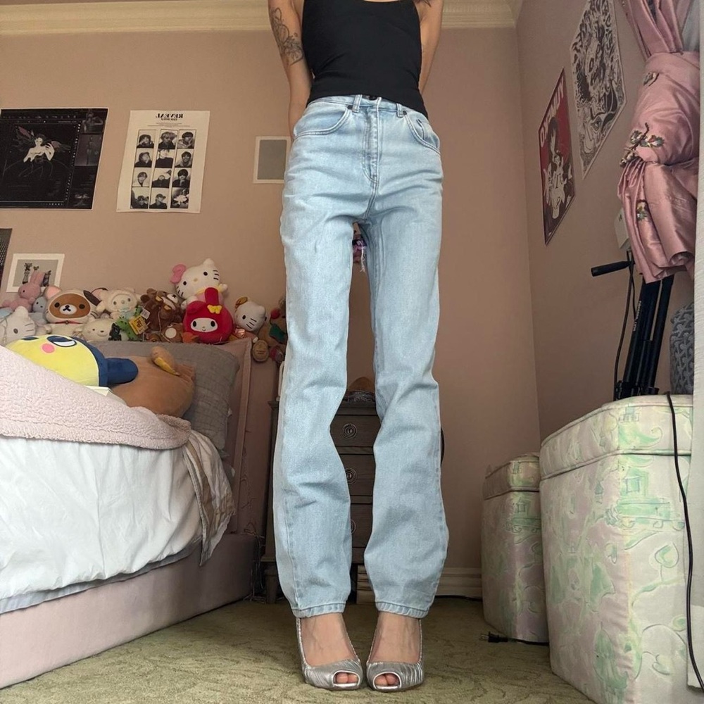 Ragged priest light wash high waisted straight leg jeans with butt slash